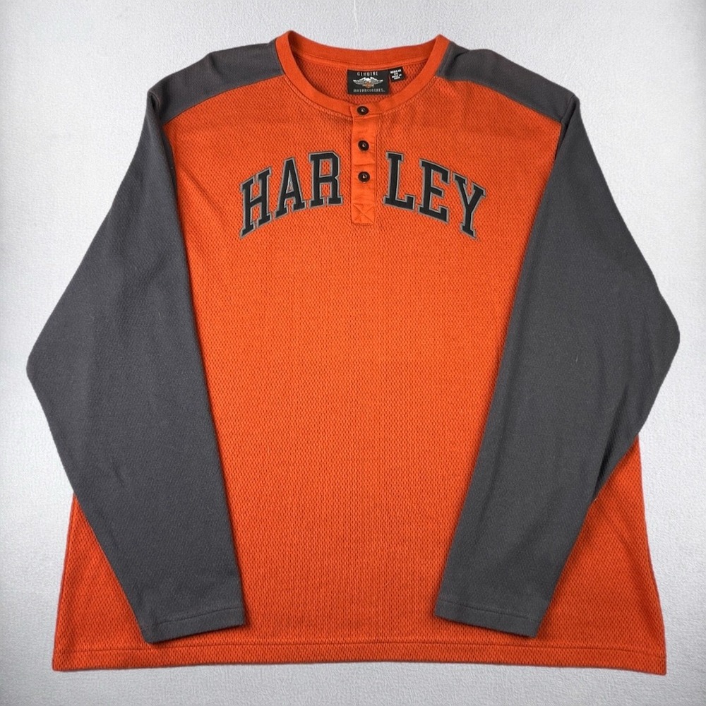 Harley-Davidson Henley Shirt Mens 2XL Orange Gray Long Sleeve Mesh Motorclothes